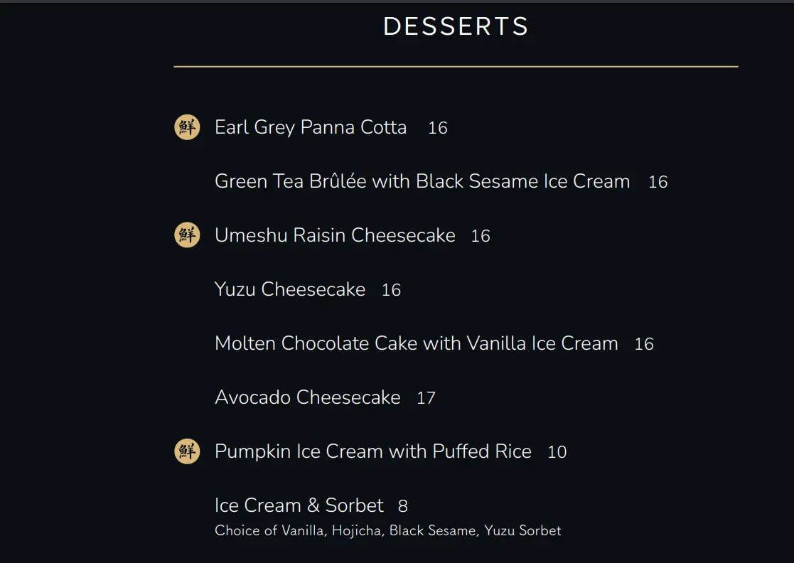 SEN OF JAPAN DESSERTS MENU PRICES 2024