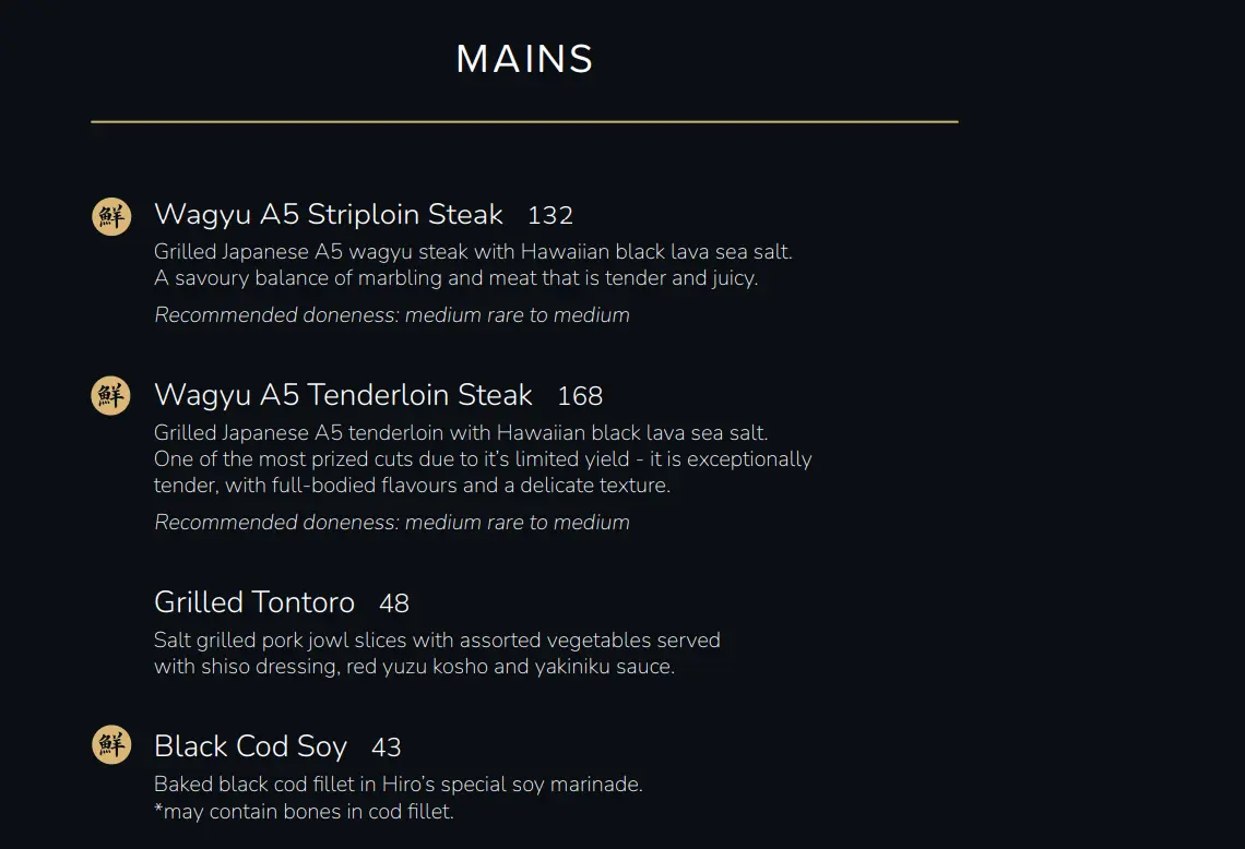 SEN OF JAPAN MAINS MENU PRICES 2024