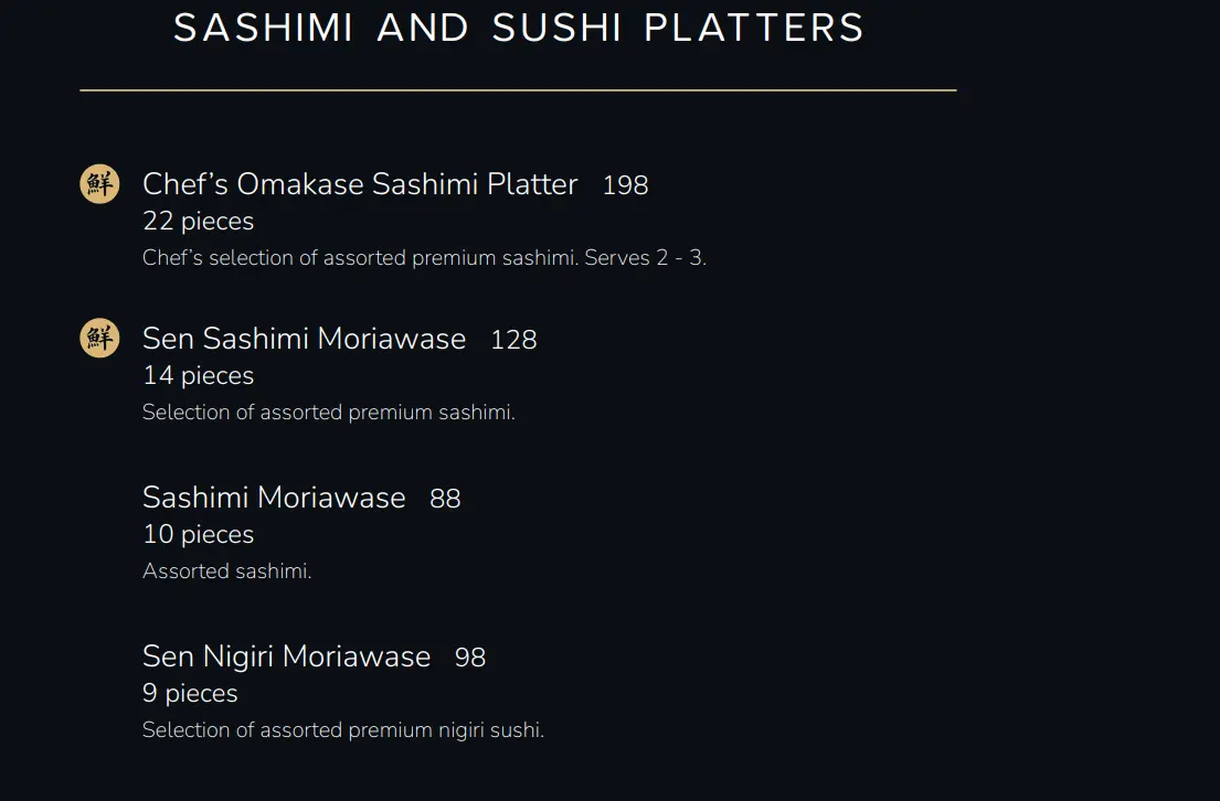 SEN OF JAPAN SASHIMI & SUSHI PLATTERS MENU PRICES 2024