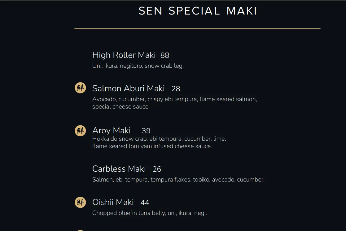 SEN OF JAPAN SEN SPECIAL MAKI MENU PRICES 2024