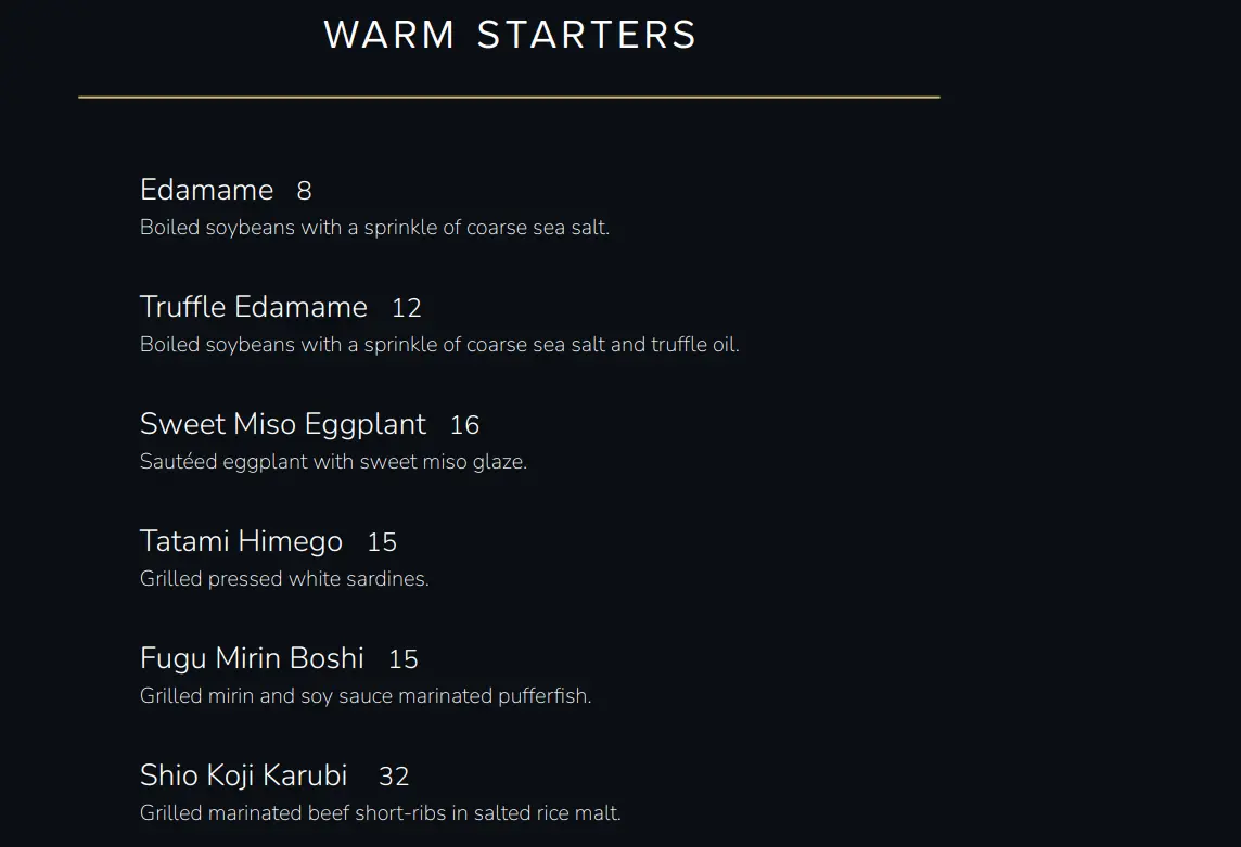 SEN OF JAPAN STARTERS MENU WITH PRICES 2024