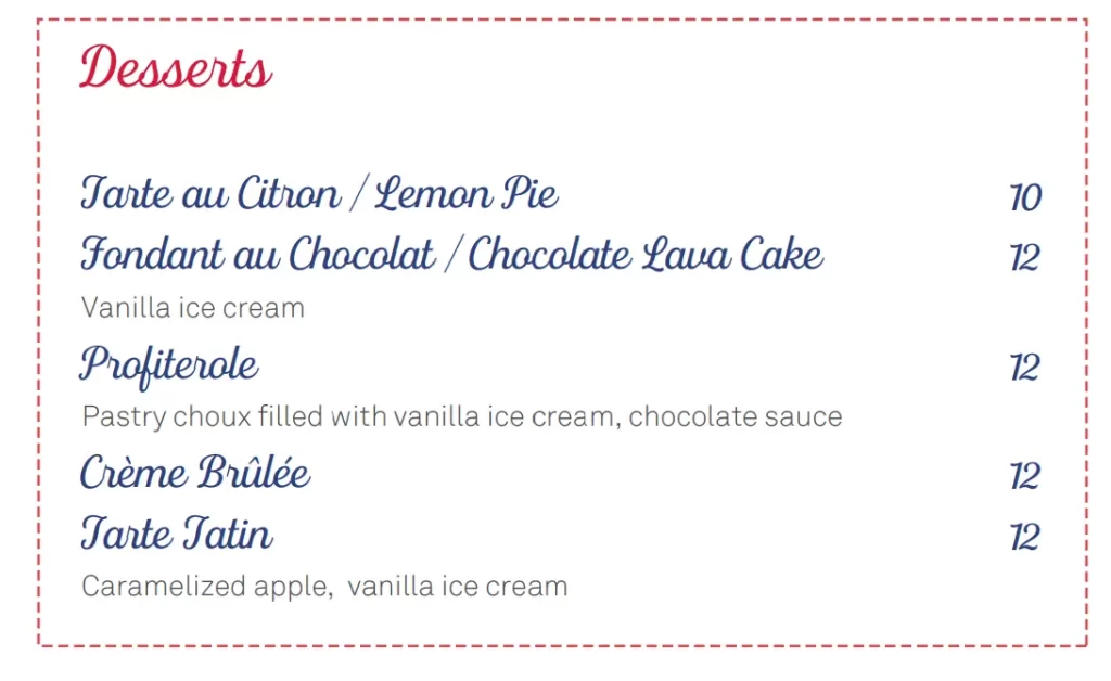 SO FRANCE DESSERTS MENU PRICES 2024