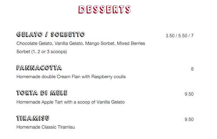 SPIZZA DESSERTS MENU PRICES 2024