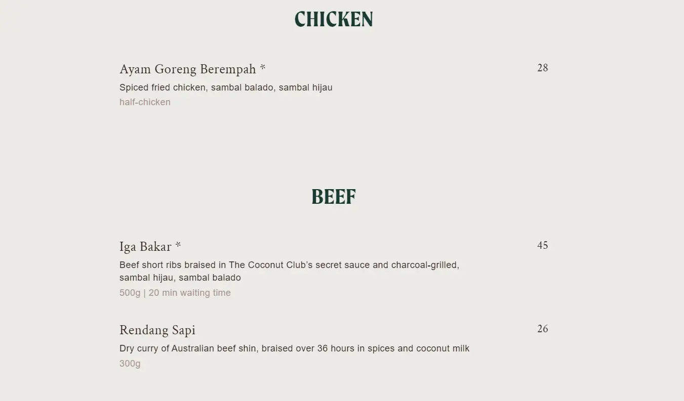 THE COCONUT CLUB CHICKEN AND BEEF MENU 2024