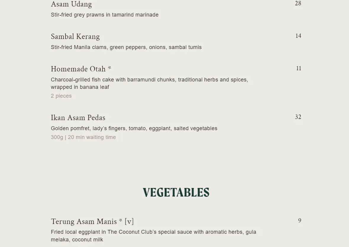 THE COCONUT CLUB VEGETABLES MENU 2024