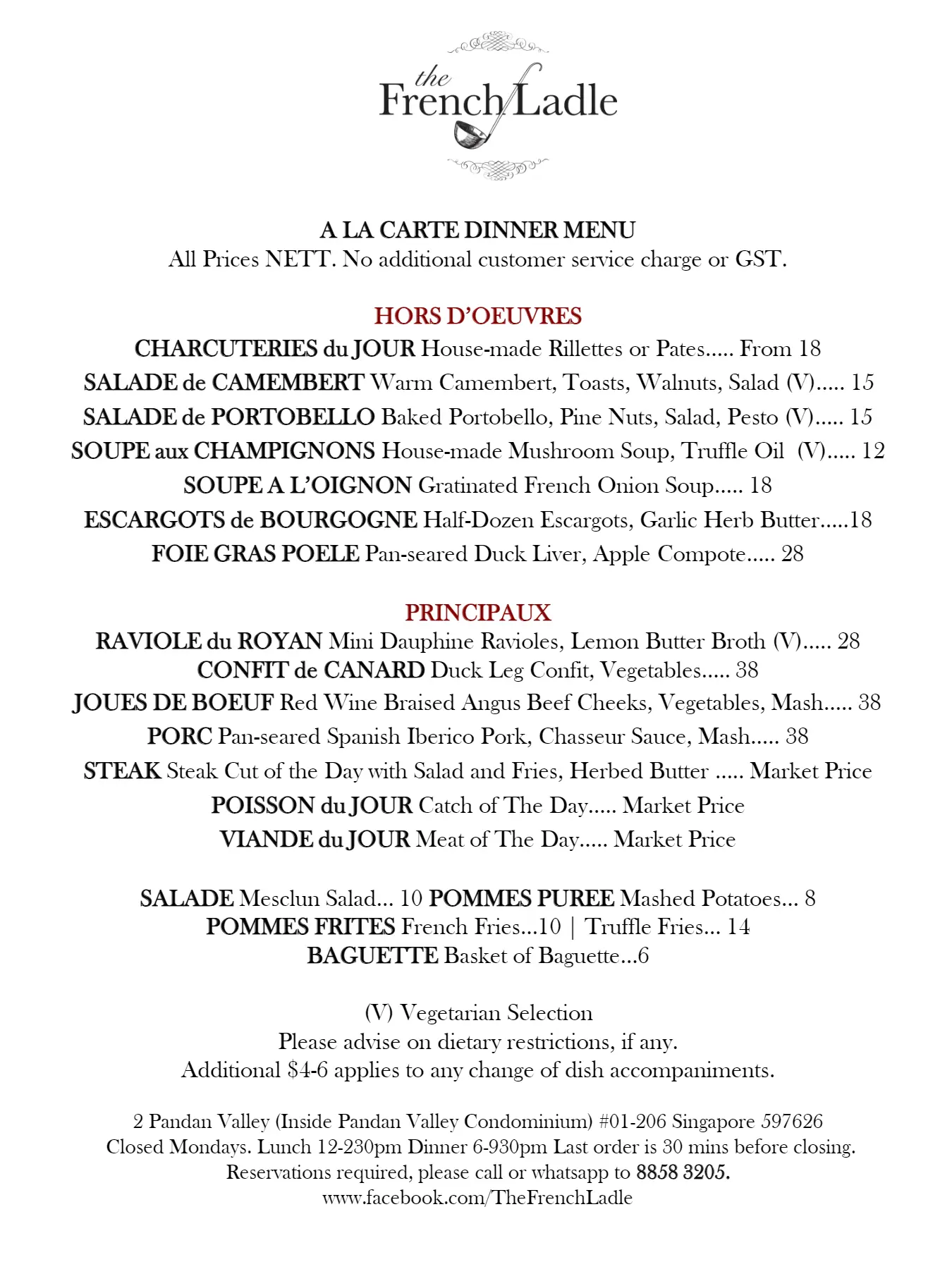 THE FRENCH LADLE MAINS MENU PRICES 2024