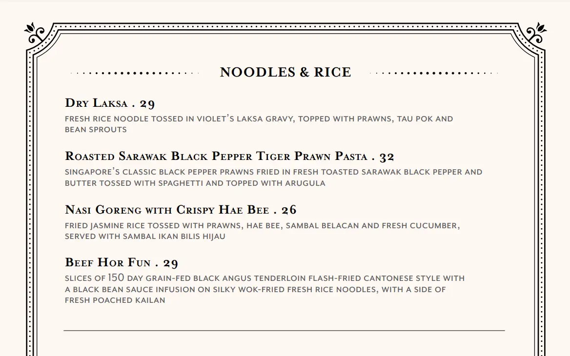 VIOLET OON RICE & NOODLES MENU PRICES 2024