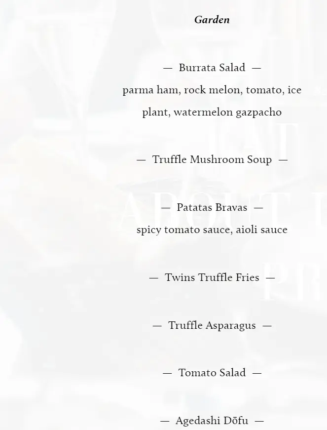 BEURRE GARDEN MENU WITH PRICES 2024