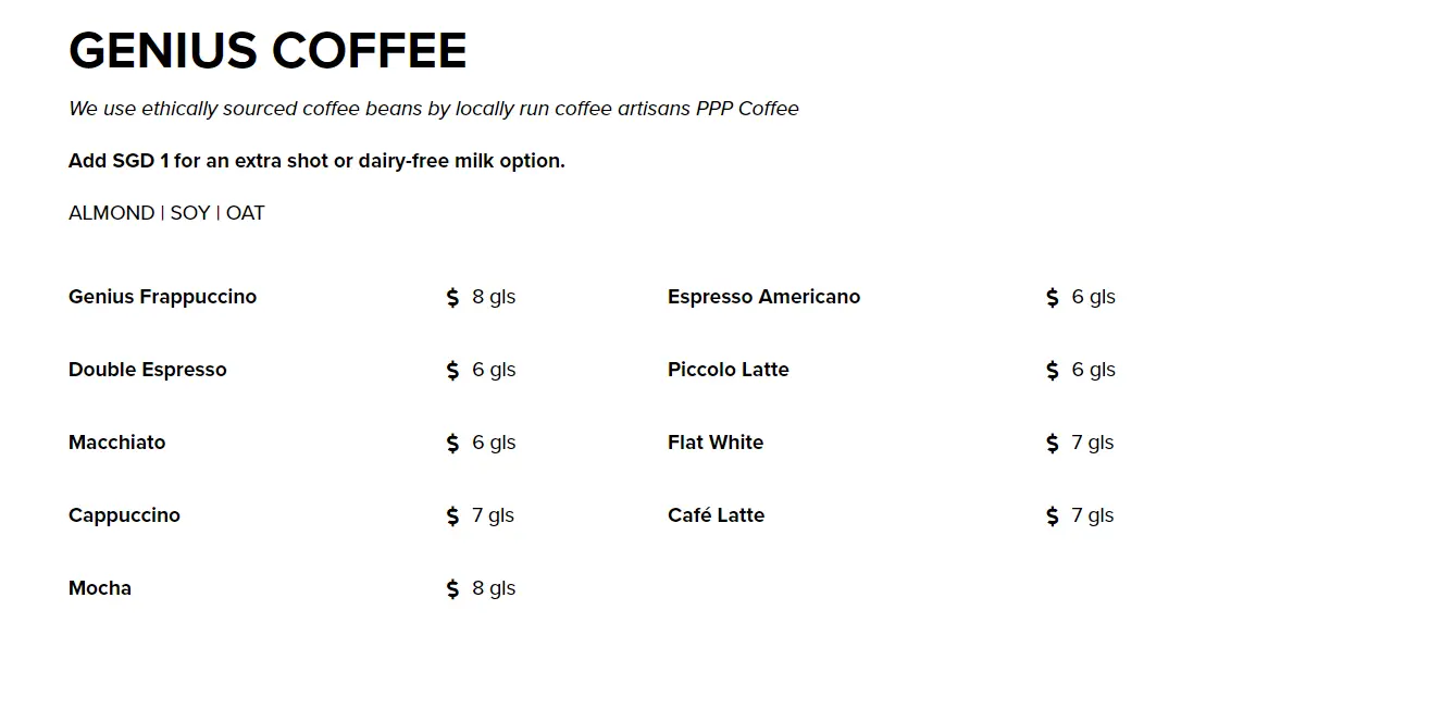 GENIUS CENTRAL BEVERAGES MENU PRICES 2024