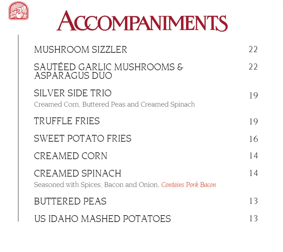 LAWRY’S ACCOMPANIMENTS MENU PRICES 2024