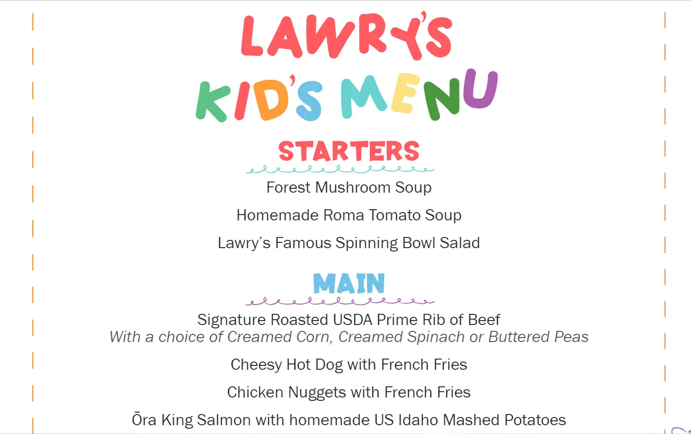 LAWRY’S KIDS MENU PRICES 2024