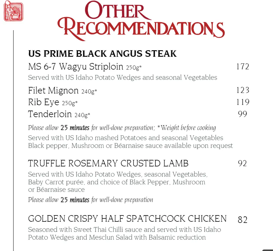 LAWRY’S OTHER RECOMMENDATIONS MENU PRICES 2024