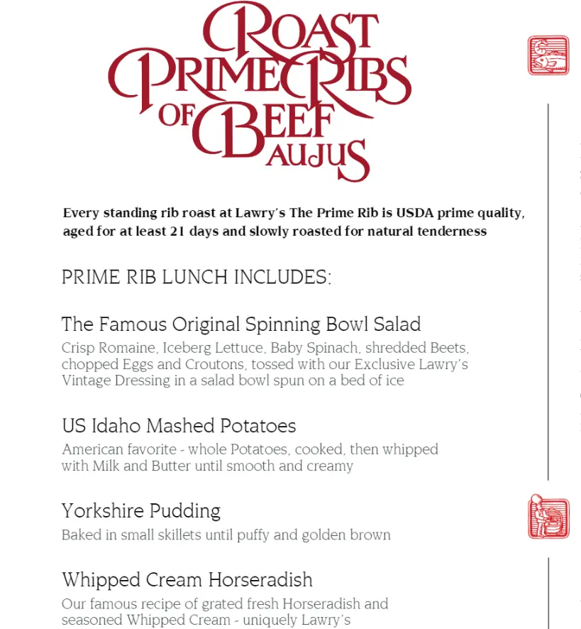 LAWRY’S ROASTED PRIME RIBS OF BEEF MENU PRICES 2024