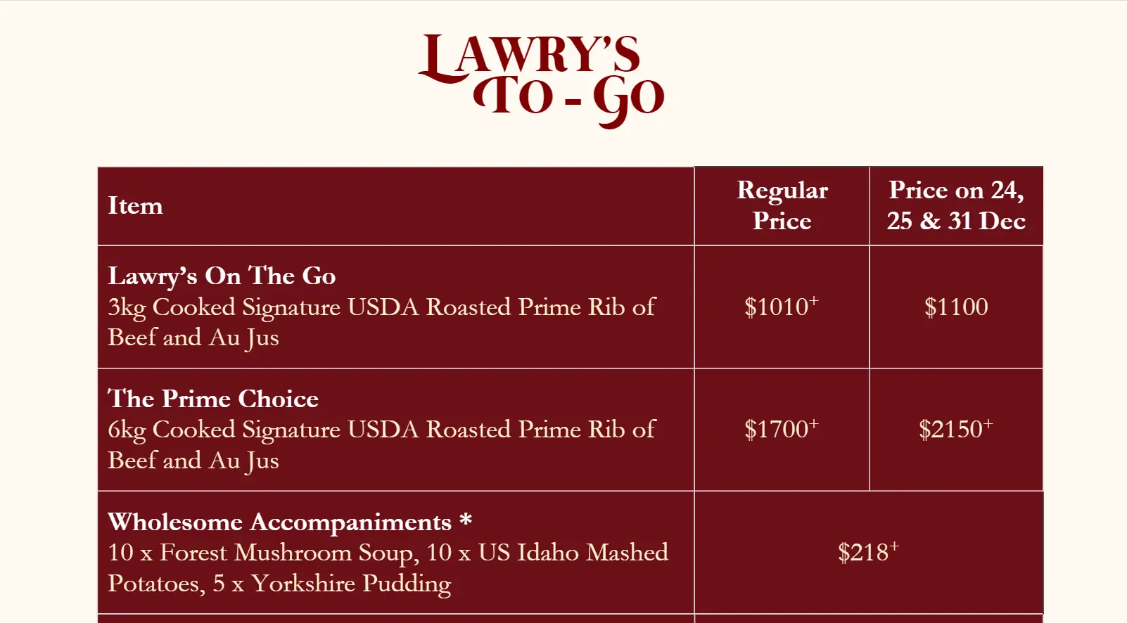 LAWRY’S TO-GO PACKAGES PRICES 2024