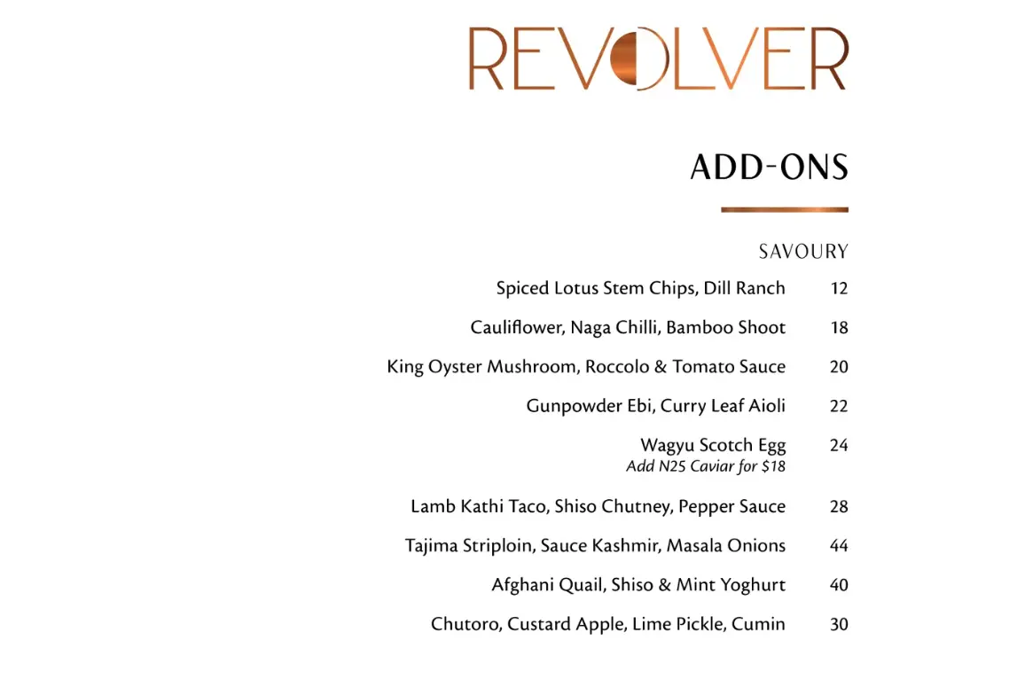 REVOLVER ADD-ONS MENU PRICES 2024