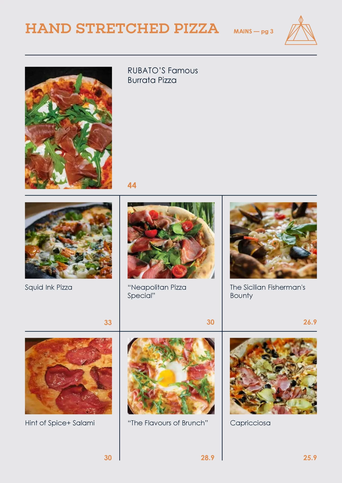 RUBATO RESTAURANT HAND STRETCHED PIZZA MENU 2024