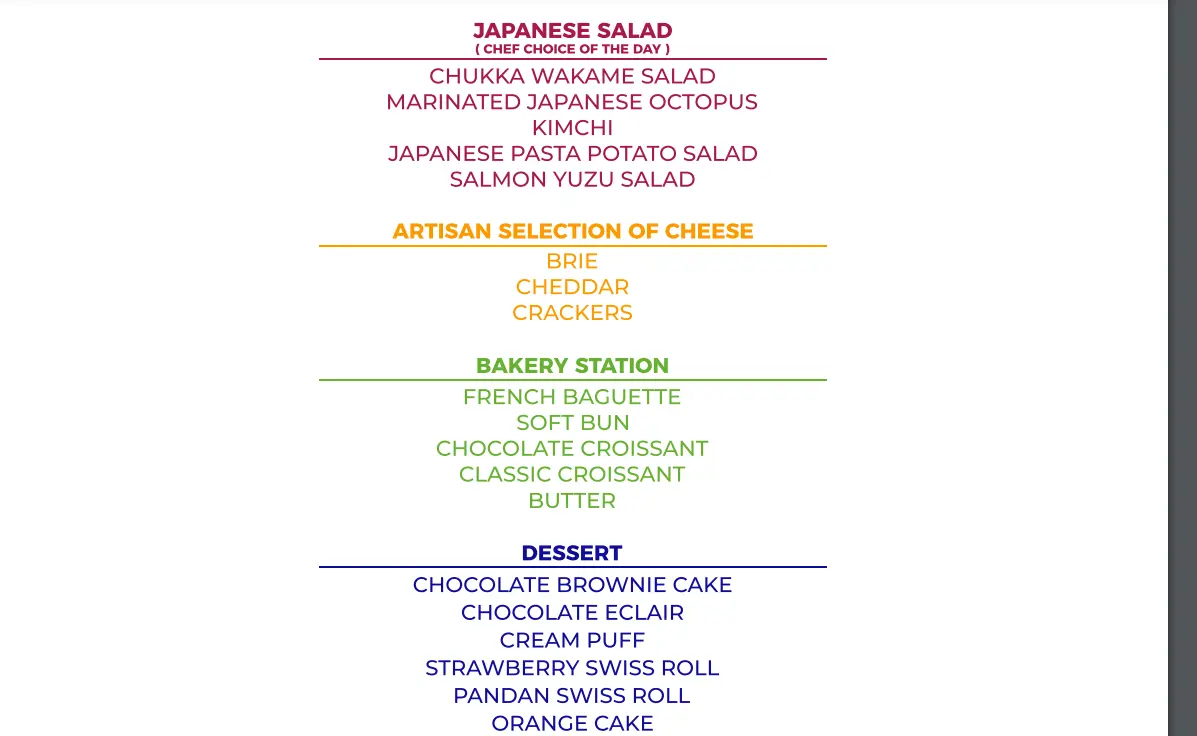 SAKURA DINNER BUFFET MENU PRICES 2024