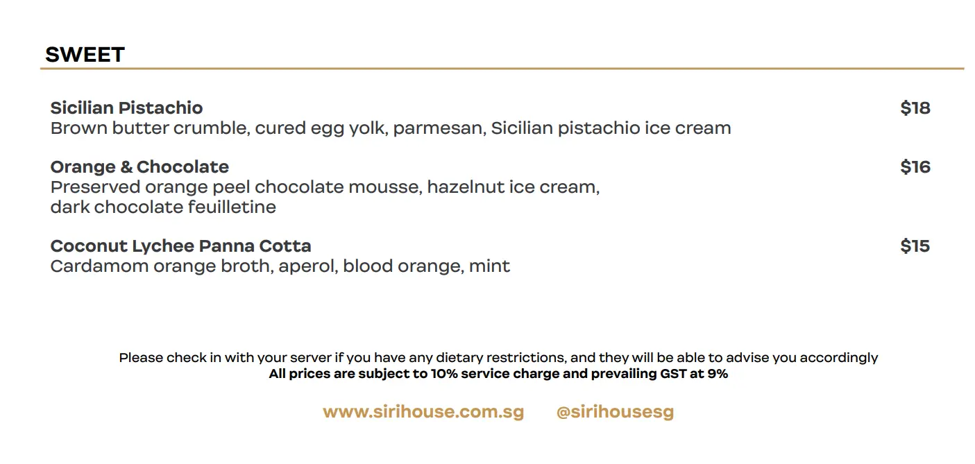 SIRI HOUSE DESSERTS MENU PRICES 2024