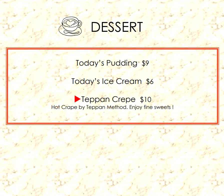 TEPPAN WORKS DESSERTS MENU PRICES 2024