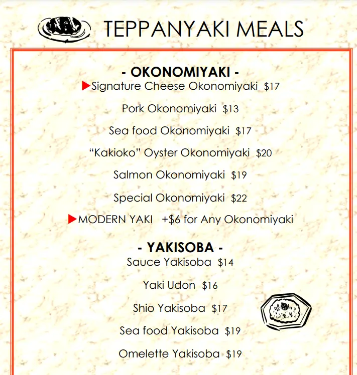 TEPPAN WORKS OKONOMIYAKI MENU PRICES 2024