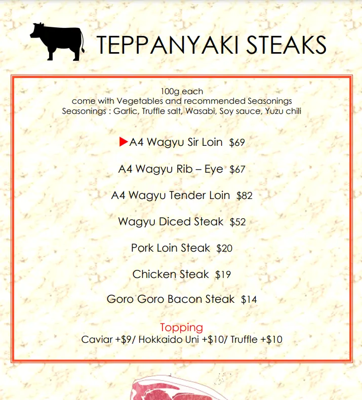 TEPPAN WORKS TEPPANYAKI STEAK MENU PRICES 2024