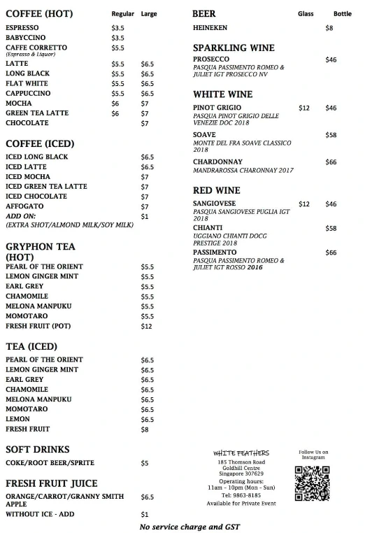 WHITE FEATHERS BEVERAGES MENU 2024