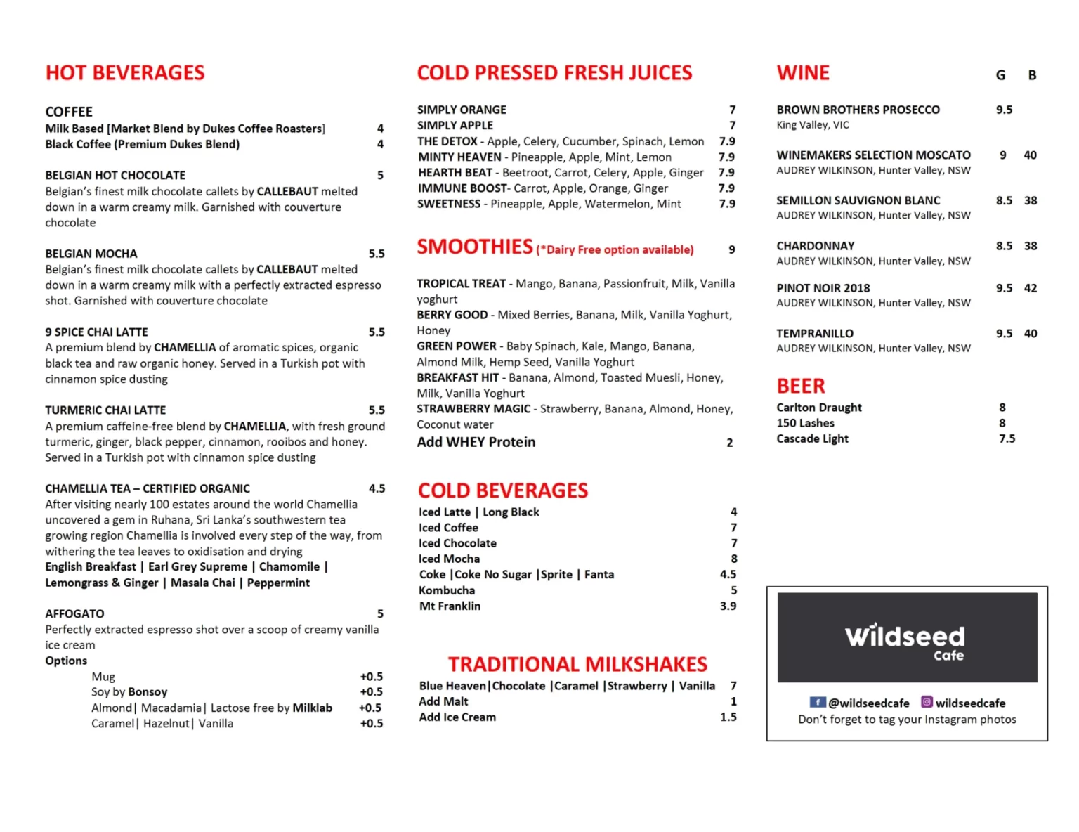 WILDSEED CAFE HOT BEVERAGES MENU PRICES 2024