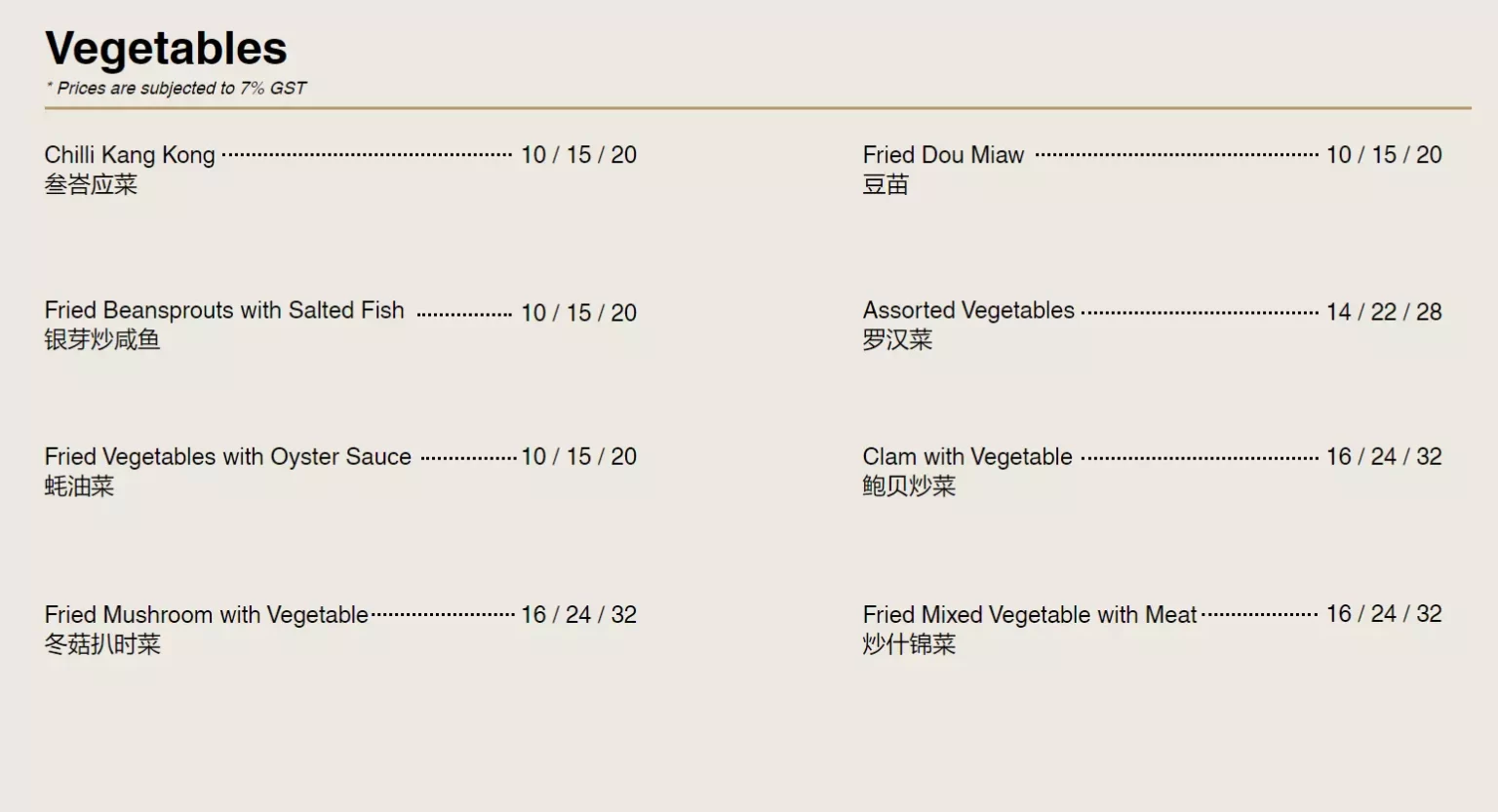 WING SEONG FATTY’S VEGETABLE MENU 2024