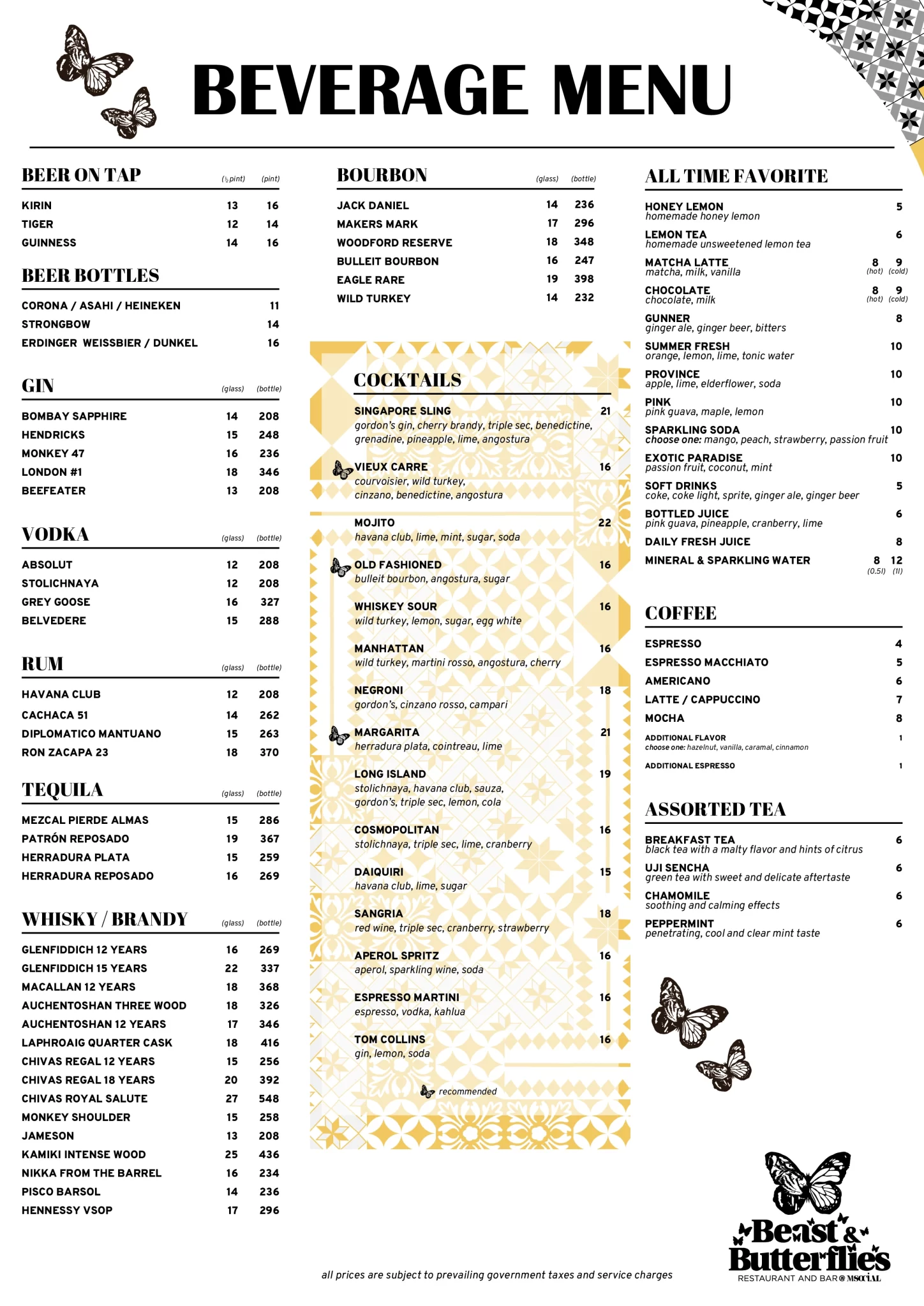 BEAST AND BUTTERFLIES BEVERAGES MENU 2024