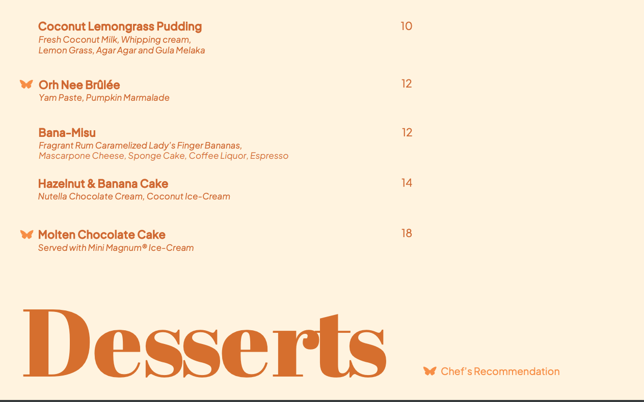 BEAST AND BUTTERFLIES DESSERTS MENU 2024