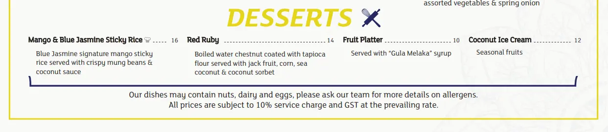 BLUE JASMINE DESSERTS MENU PRICES 2024