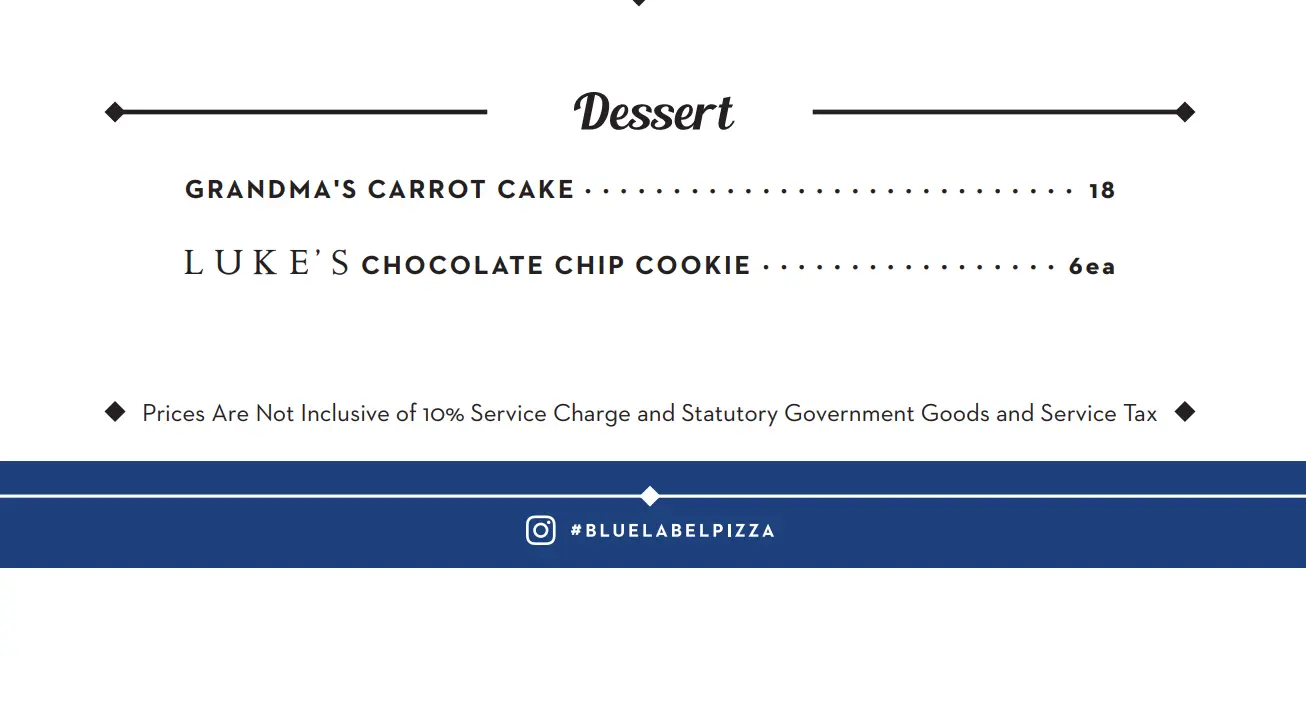 BLUE LABEL PIZZA AND WINE DESSERTS MENU PRICES 2024