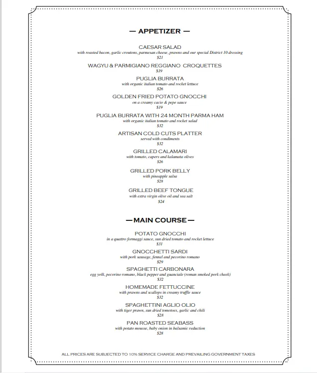 DISTRICT 10 APPETIZERS MENU WITH PRICES 2024