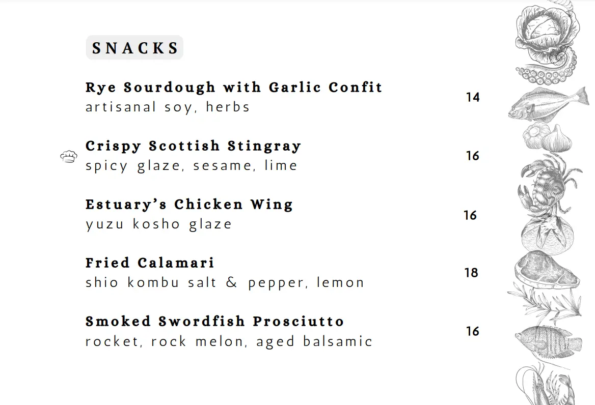 ESTUARY BAR SNACKS MENU WITH PRICES 2024