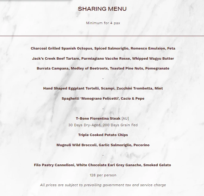 GEMMA STEAKHOUSE SHARING MENU 2024