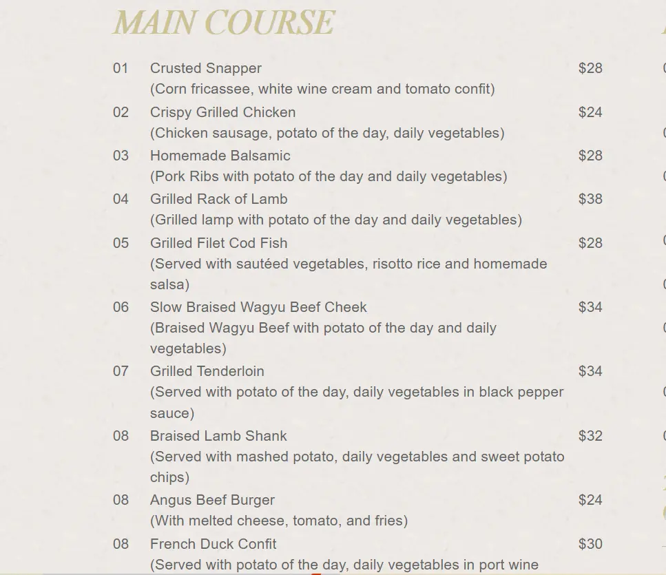 Jag Wine Main Course Menu 2024