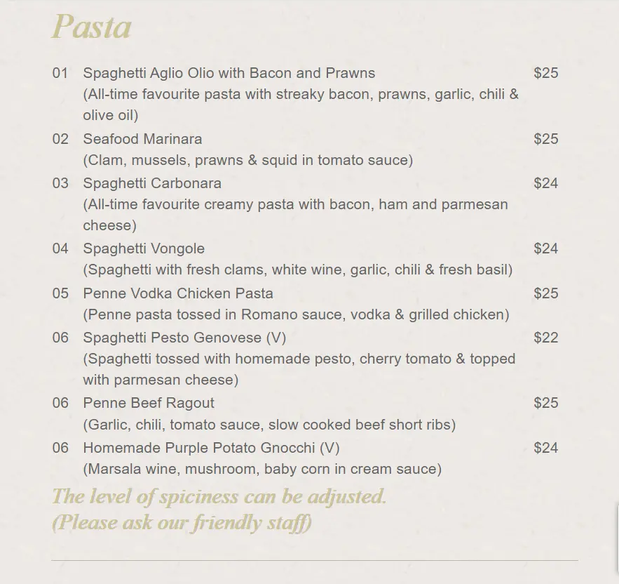 Jag Wine Pasta Menu 2024