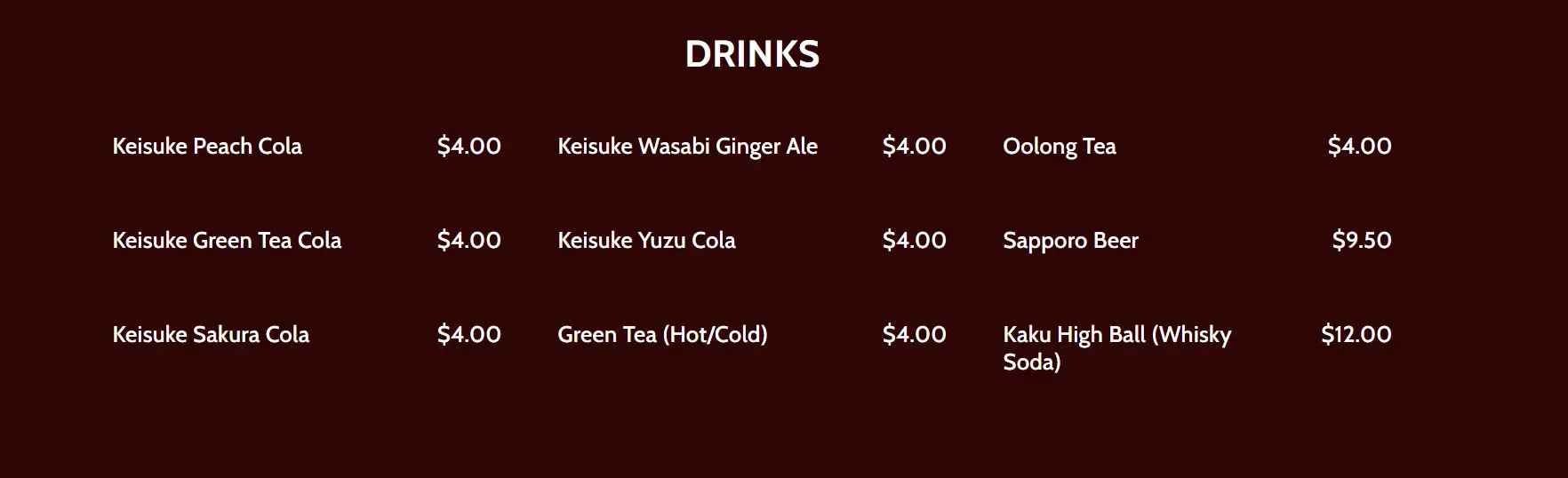 KEISUKE BEVERAGES MENU PRICES 2024