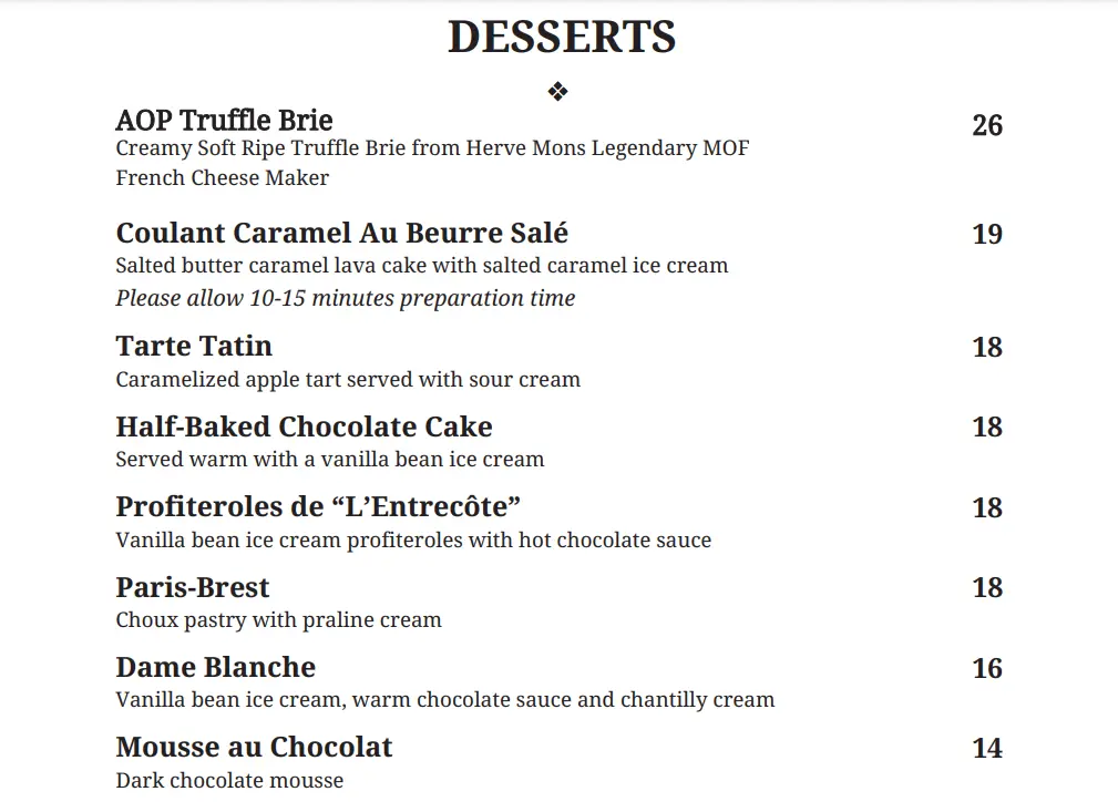 L’ENTRECOTE DESSERTS MENU PRICES 2024