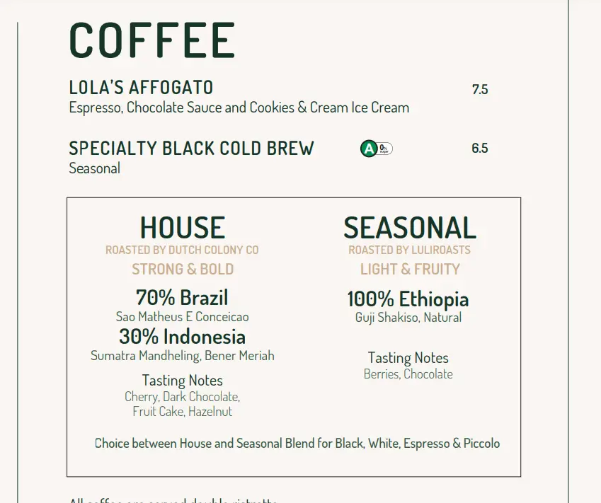 LOLA CAFE COFFEE MENU 2024