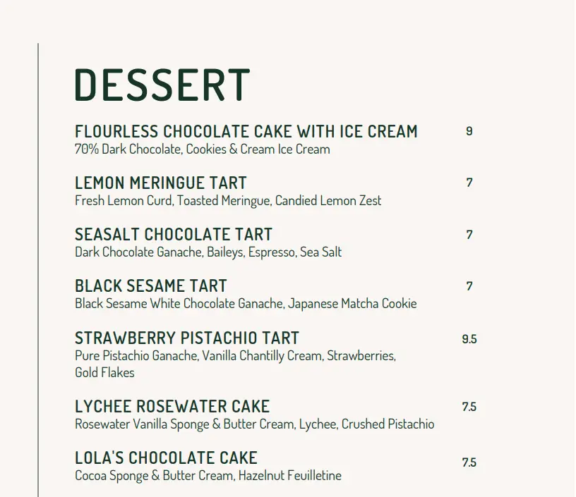 LOLA CAFE DESSERTS MENU 2024