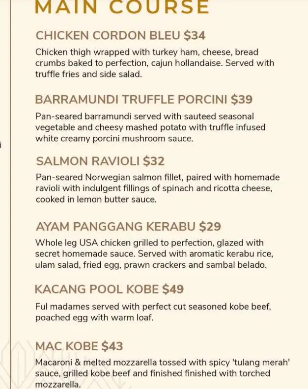 MALAYAN COUNCIL MAIN COURSE MENU PRICES 2024