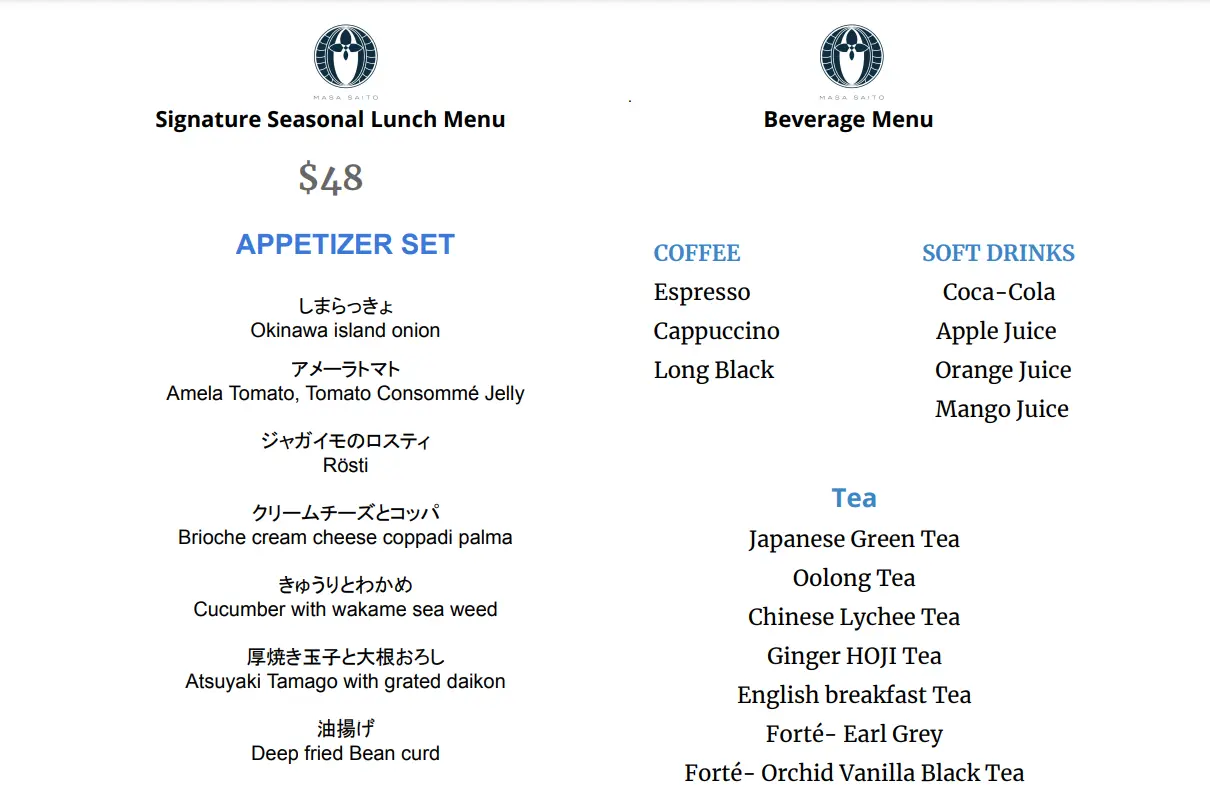 MASA SAITO SIGNATURE MENU PRICES 2024