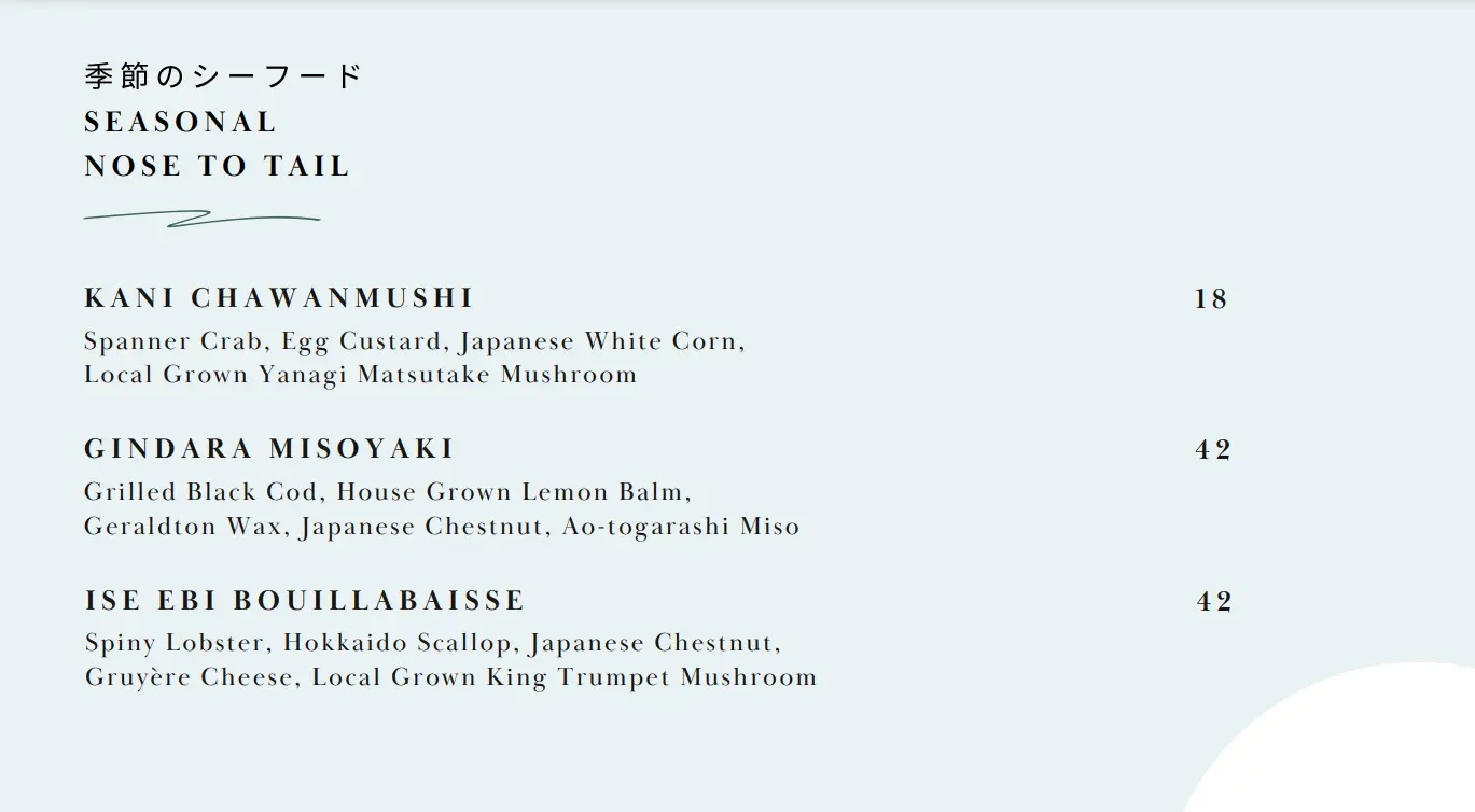 OUMI SEASONAL NOSE TO TAIL MENU PRICES 2024