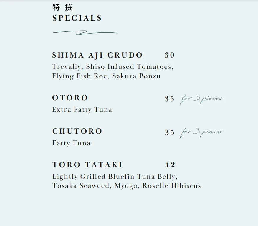 OUMI SPECIALS MENU PRICES 2024