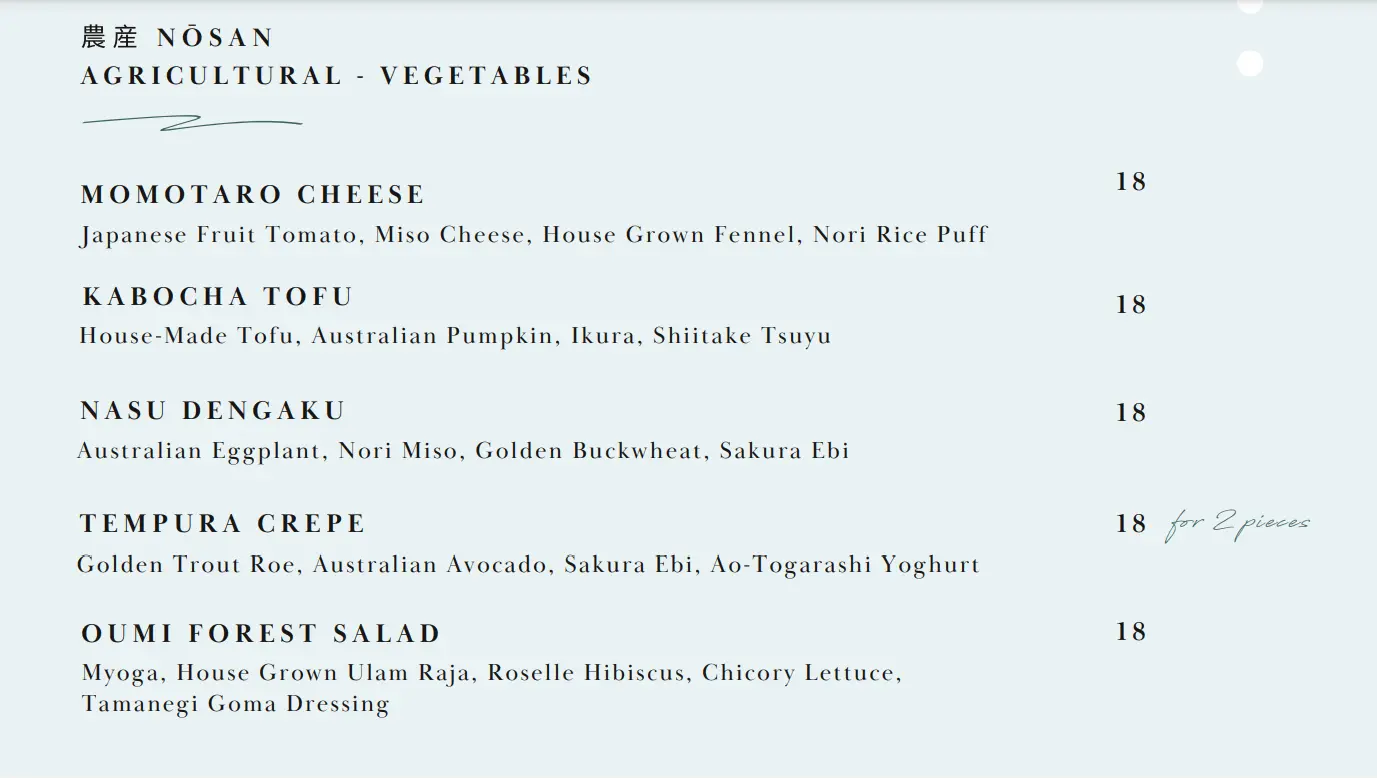 OUMI VEGETABLES MENU PRICES 2024