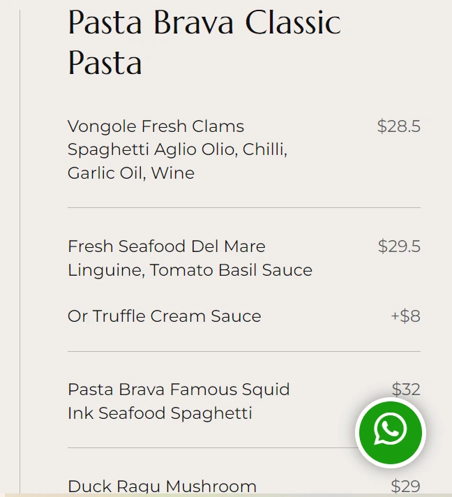 PASTA BRAVA HOMEMADE PASTA MENU PRICES 2024