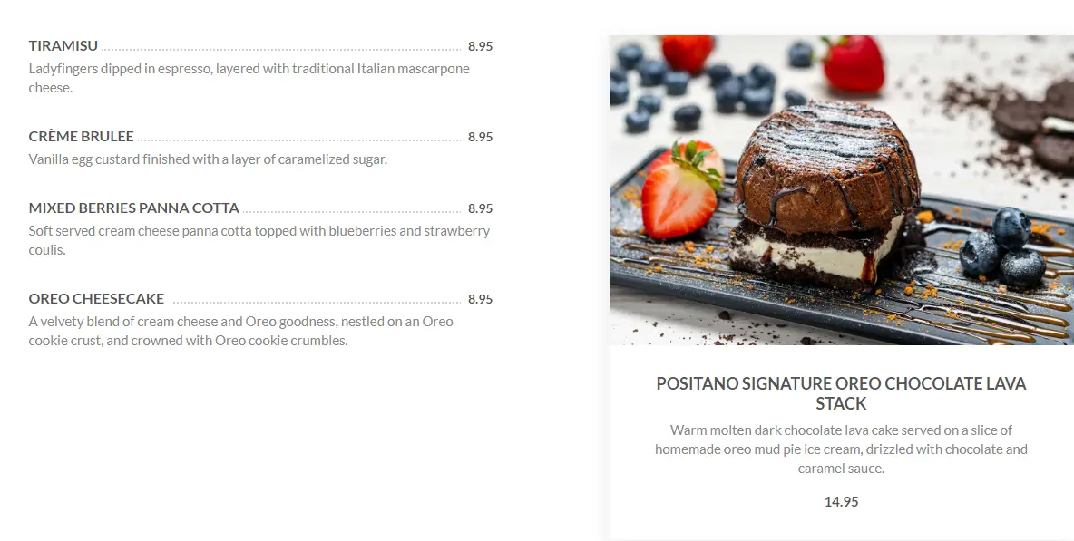 POSITANO RISTO DESSERTS MENU PRICES 2024