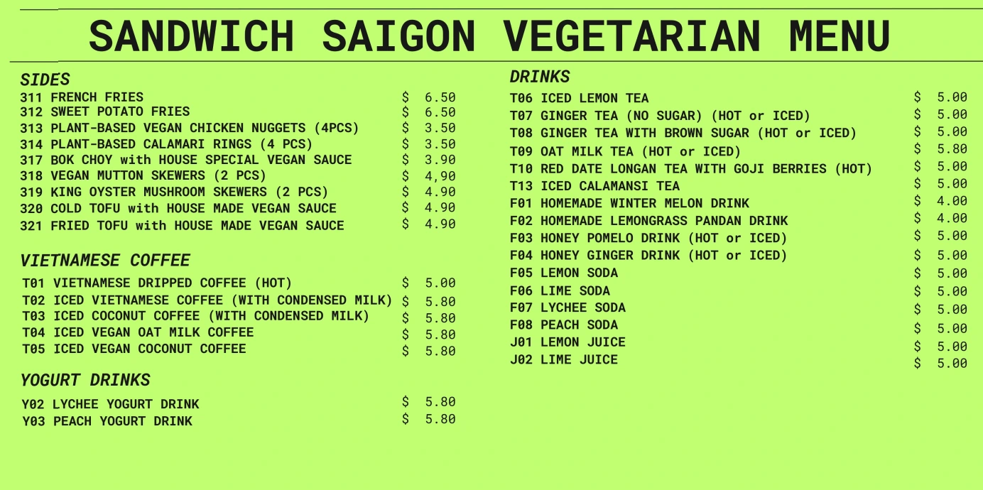 SANDWICH SAIGON SPRING ROLLS MENU PRICES 2024