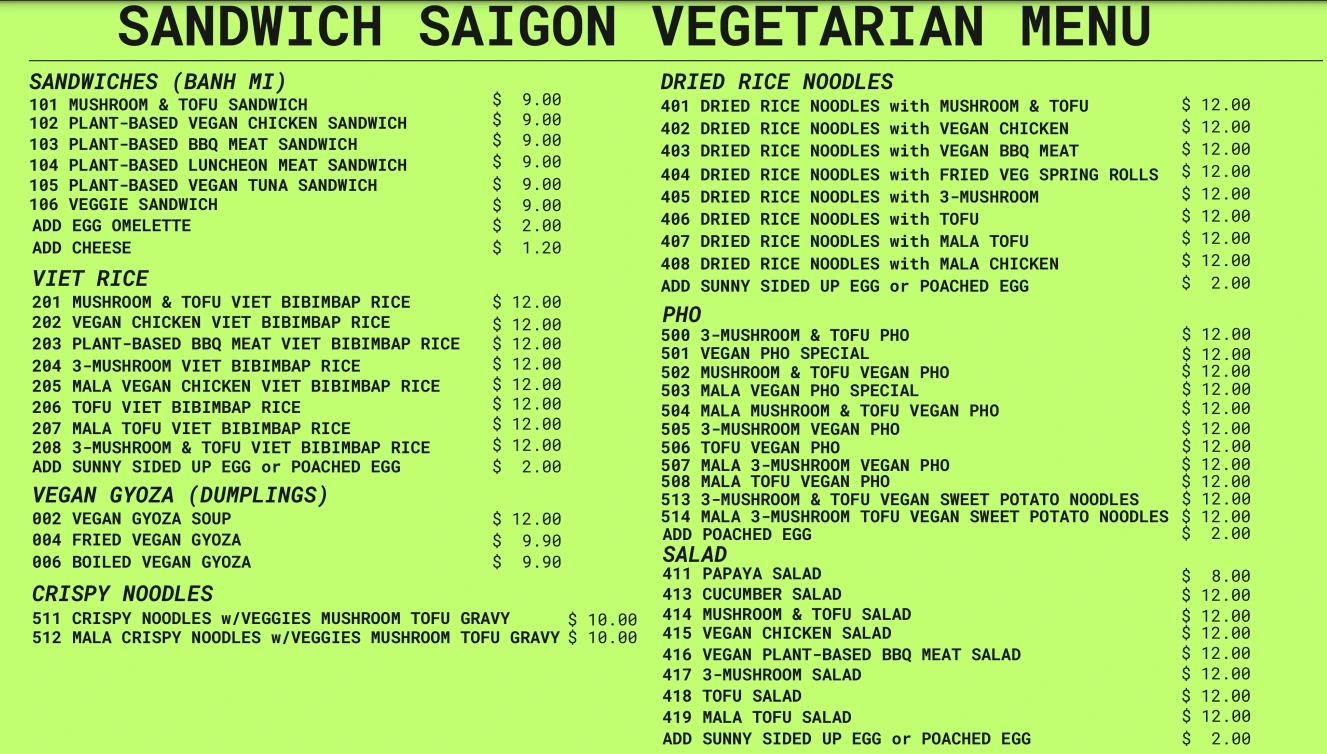 SANDWICH SAIGON VIETNAMESE SANDWICHES MENU WITH PRICES 2024